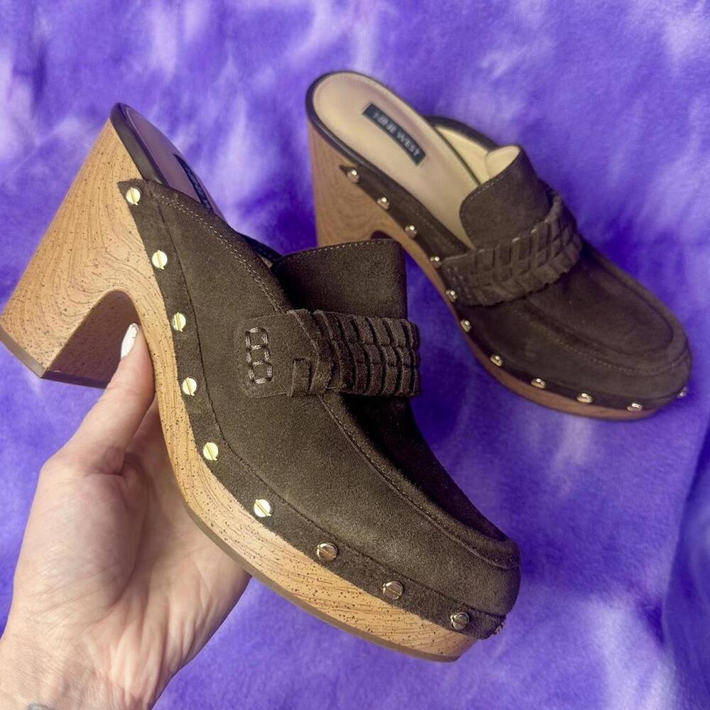 Nine West Brown western boho style suede slip on casual heeled clogs sz 9